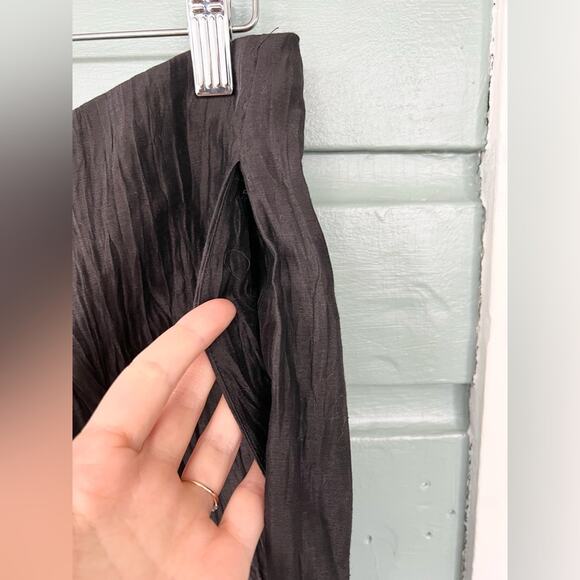 Citron black crinkly pants floral embroidered hem linen blend wide leg artsy M - Picture 3 of 10